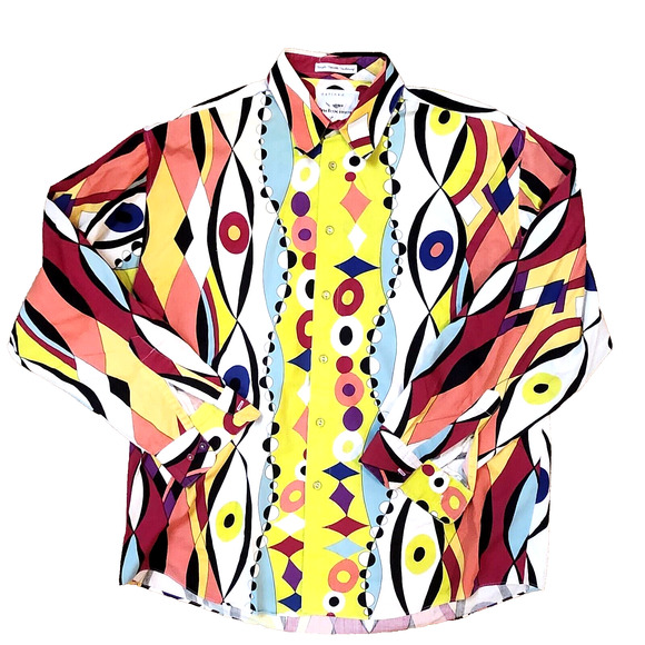 VINTAGE 80S INDEX MEN ULTRA COLORFUL POP ART ABSTRACT LONG SLEEVE PARTY SHIRT M - Picture 1 of 3